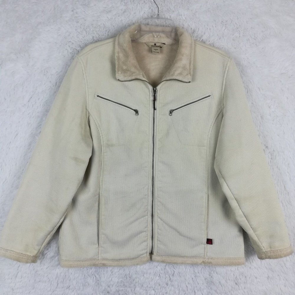 Woolrich Womens Corduroy Jacket Light Khaki Faux Fur Lined Full Zip Pockets L
